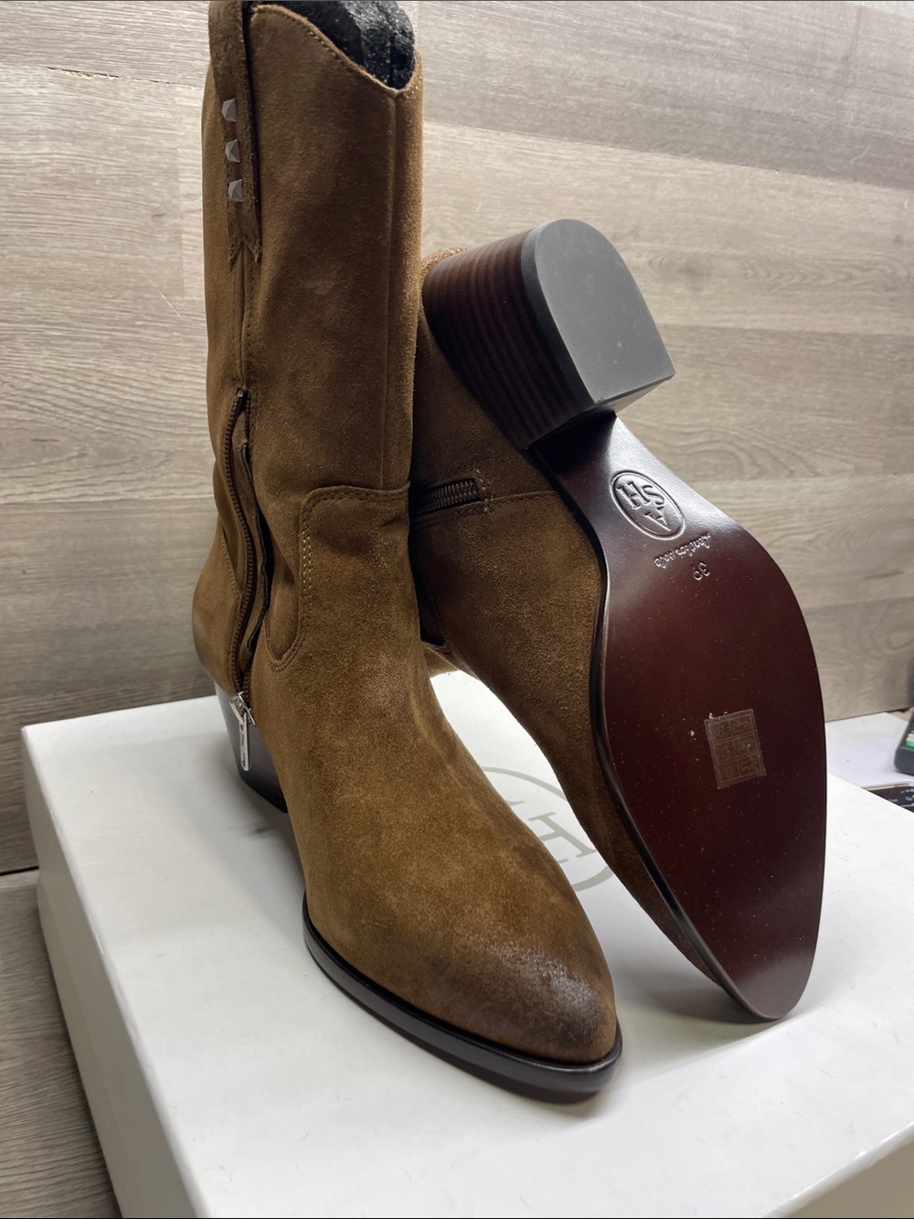 Ash Brown Suede Mid-Calf Zip Boots for Men #843